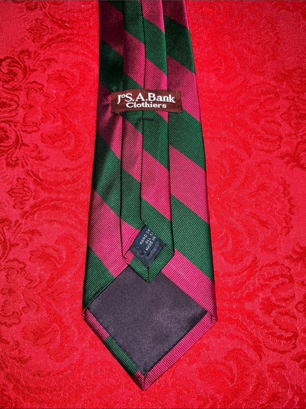 Jos A Bank Vintage Silk Tie Green Magenta Stripe Made USA Hand Sewn 3.5"